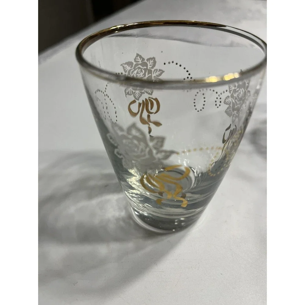 8 Vintage LIBBEY WHITE gold floral Juice GLASSES, 5 oz, flared